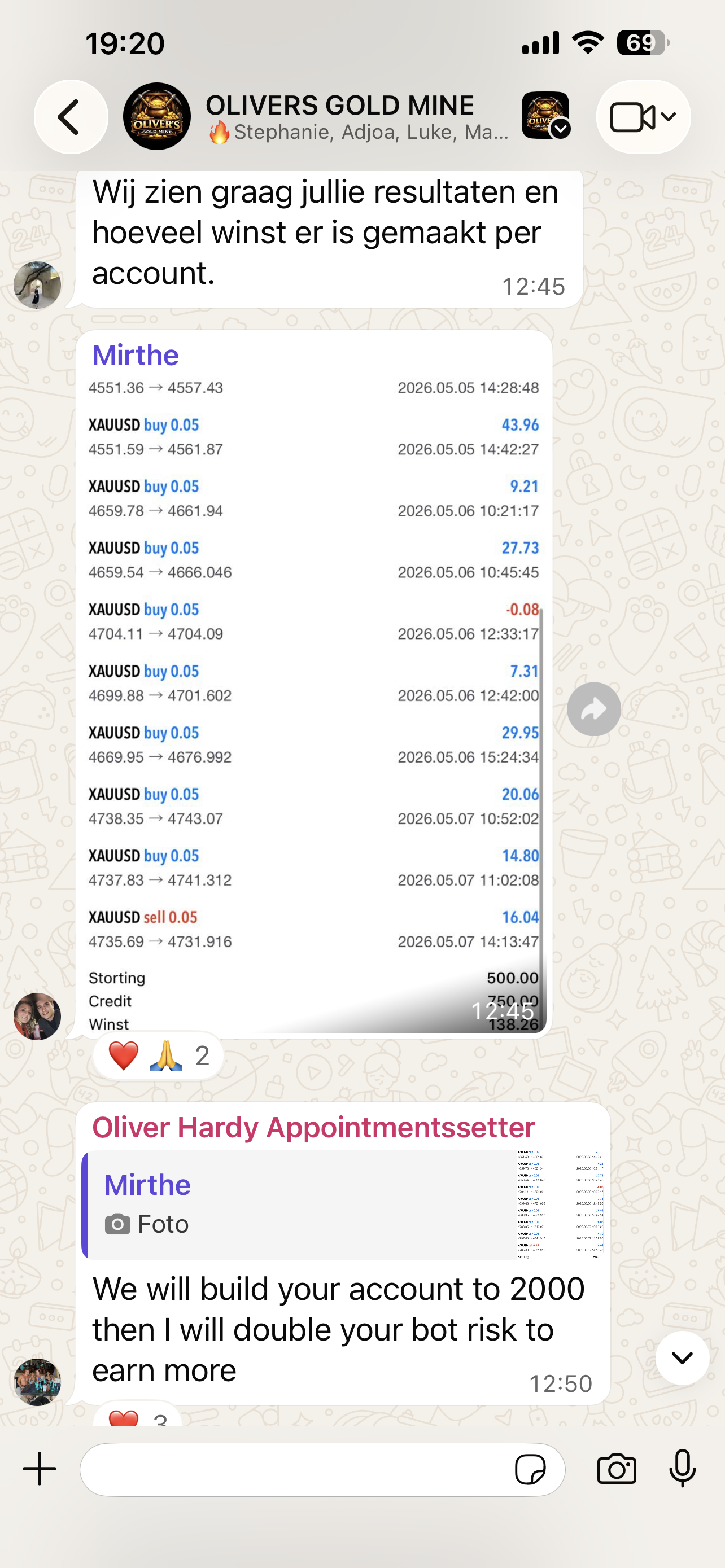 Captura de WhatsApp con resultados de Mirthe